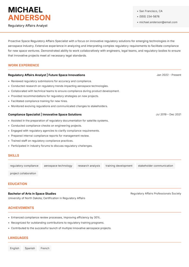 Space Regulatory Affairs Specialist resume sample — Regulatory Affairs Analyst focus