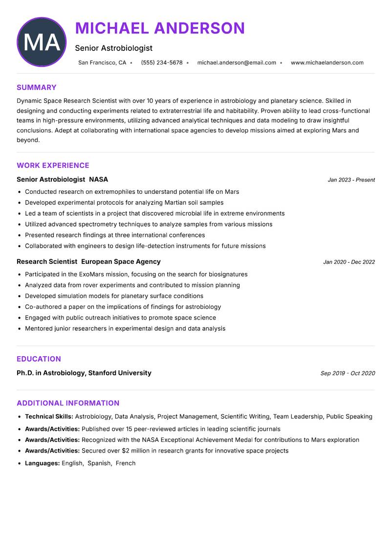 Space Research Scientist resume example