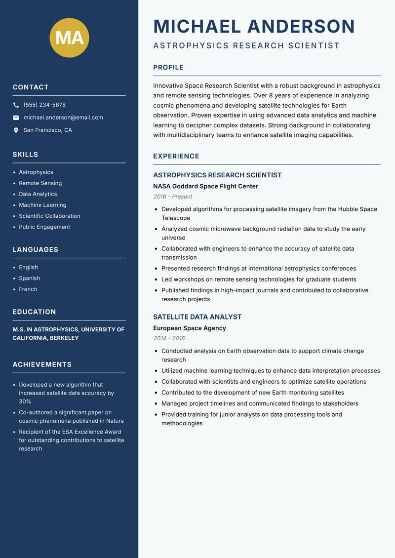 Space Research Scientist resume sample — Astrophysics Research Scientist focus