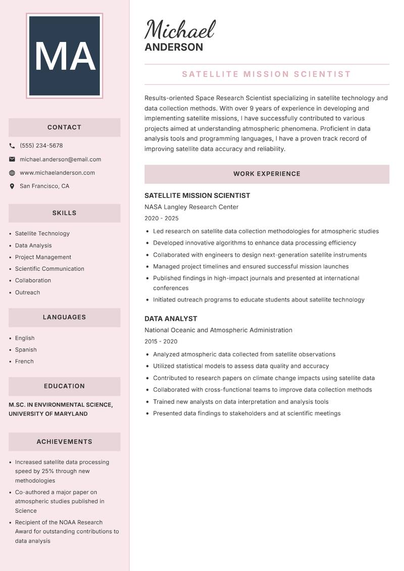 Space Research Scientist resume sample — Satellite Mission Scientist focus