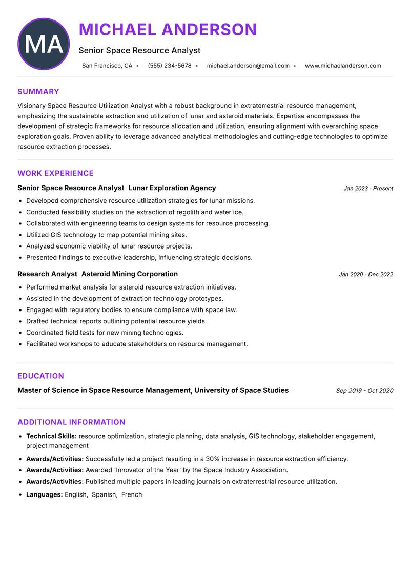 Space Resource Utilization Analyst resume example