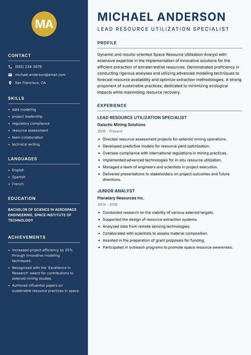 Space Resource Utilization Analyst resume sample — Lead Resource Utilization Specialist focus