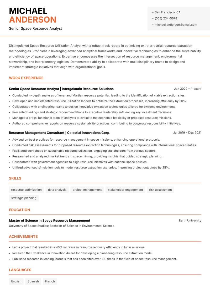Space Resource Utilization Analyst resume sample — Senior Space Resource Analyst focus