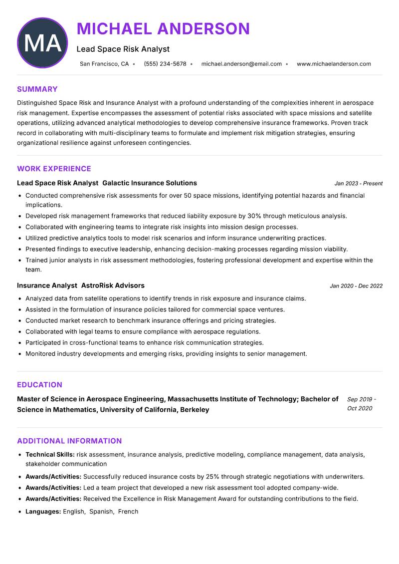 Space Risk and Insurance Analyst resume example