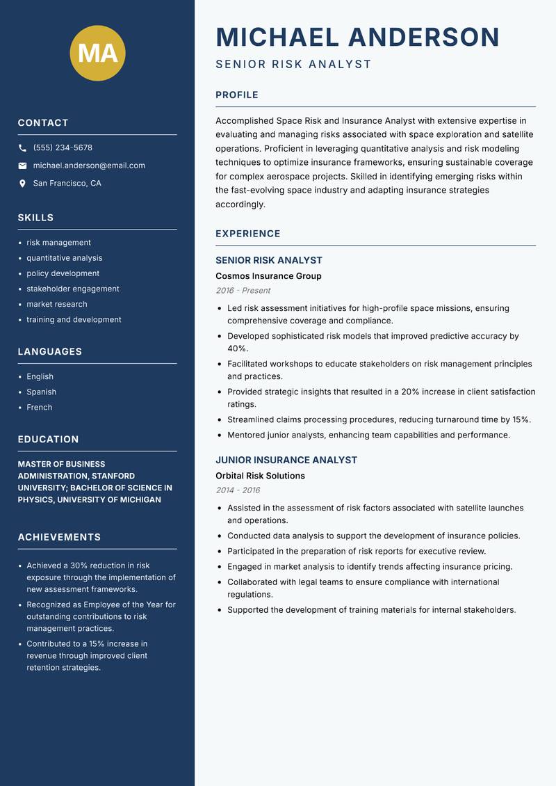 Space Risk and Insurance Analyst resume sample — Senior Risk Analyst focus