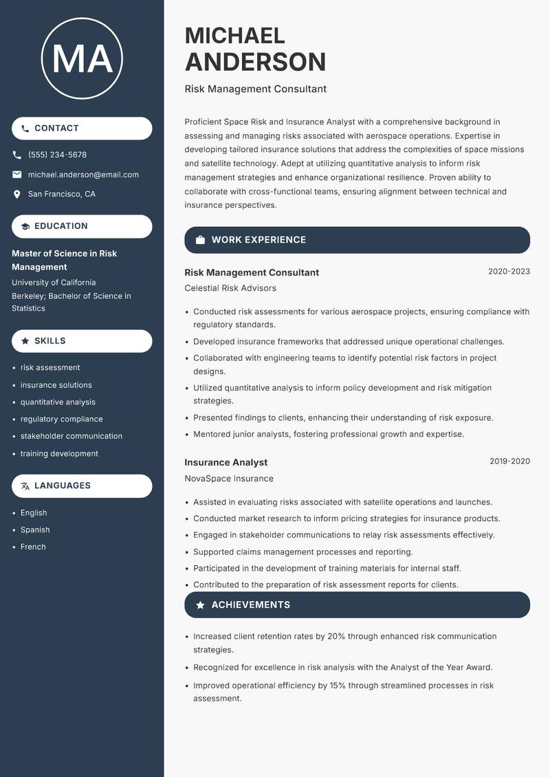 Space Risk and Insurance Analyst resume sample — Risk Management Consultant focus