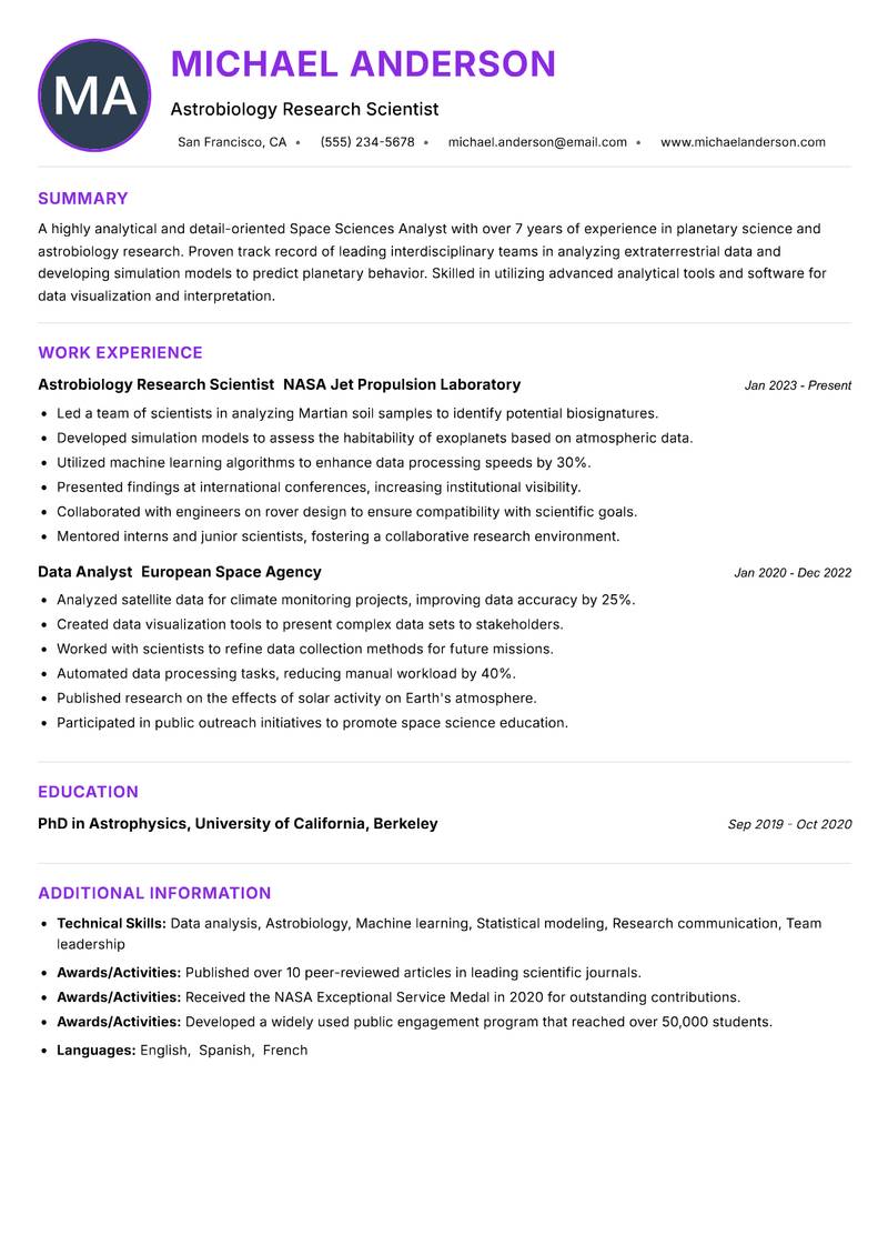 Space Sciences Analyst resume example