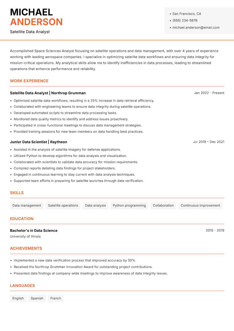Space Sciences Analyst resume sample — Satellite Data Analyst focus