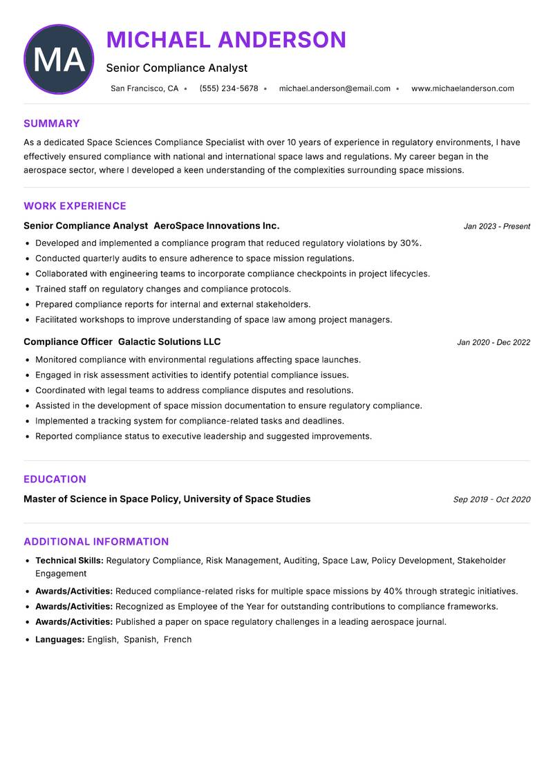 Space Sciences Compliance Specialist resume example