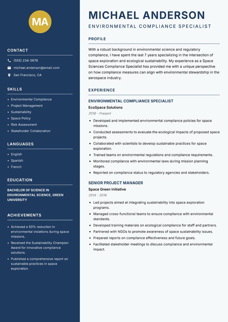 Space Sciences Compliance Specialist resume sample — Environmental Compliance Specialist focus