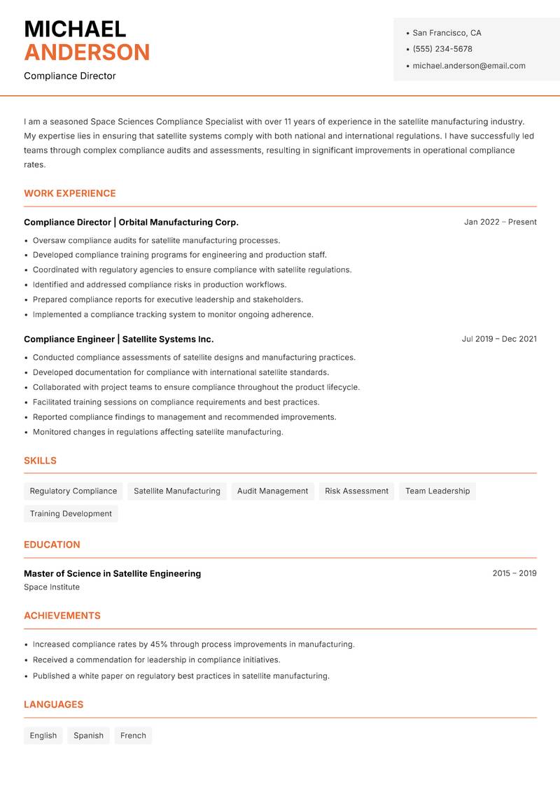 Space Sciences Compliance Specialist resume sample — Compliance Director focus