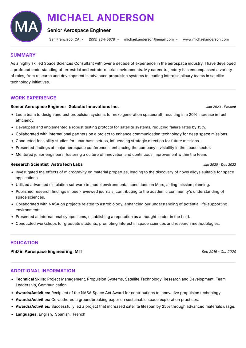 Space Sciences Consultant resume example