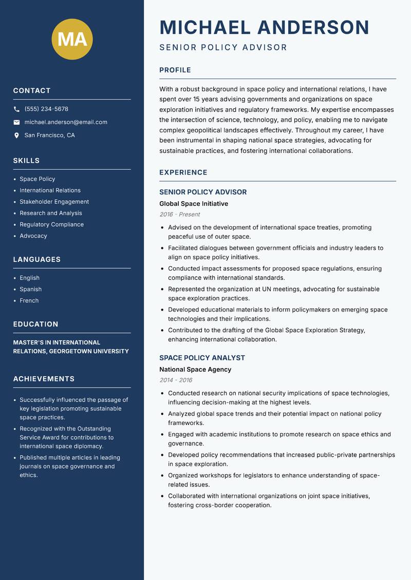 Space Sciences Consultant resume sample — Senior Policy Advisor focus