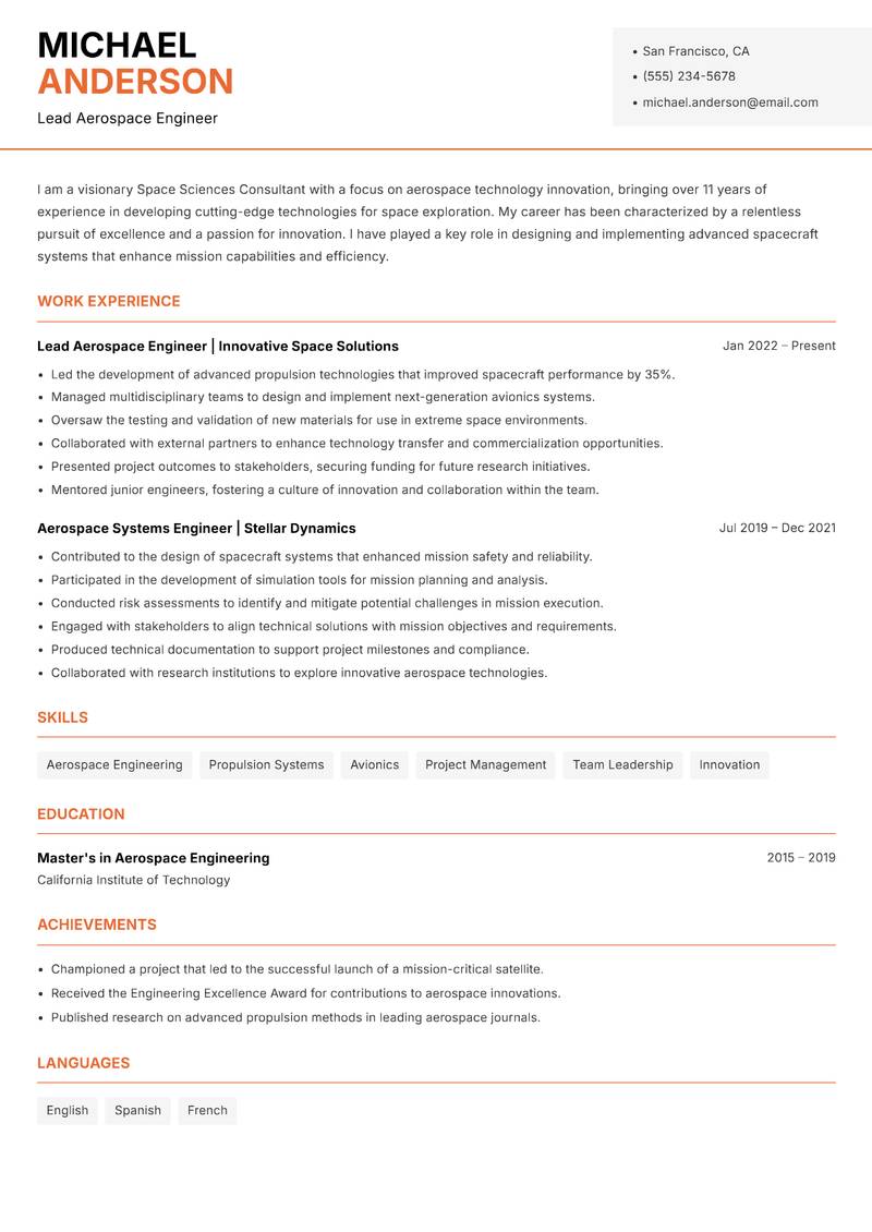 Space Sciences Consultant resume sample — Lead Aerospace Engineer focus