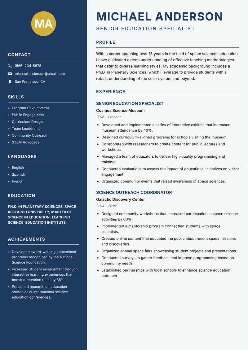 Space Sciences Educator resume sample — Senior Education Specialist focus