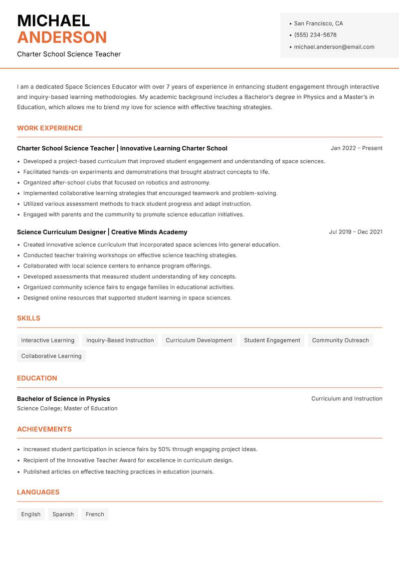 Space Sciences Educator resume sample — Charter School Science Teacher focus