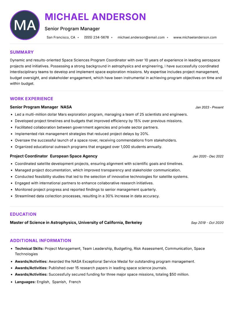 Space Sciences Program Coordinator resume example