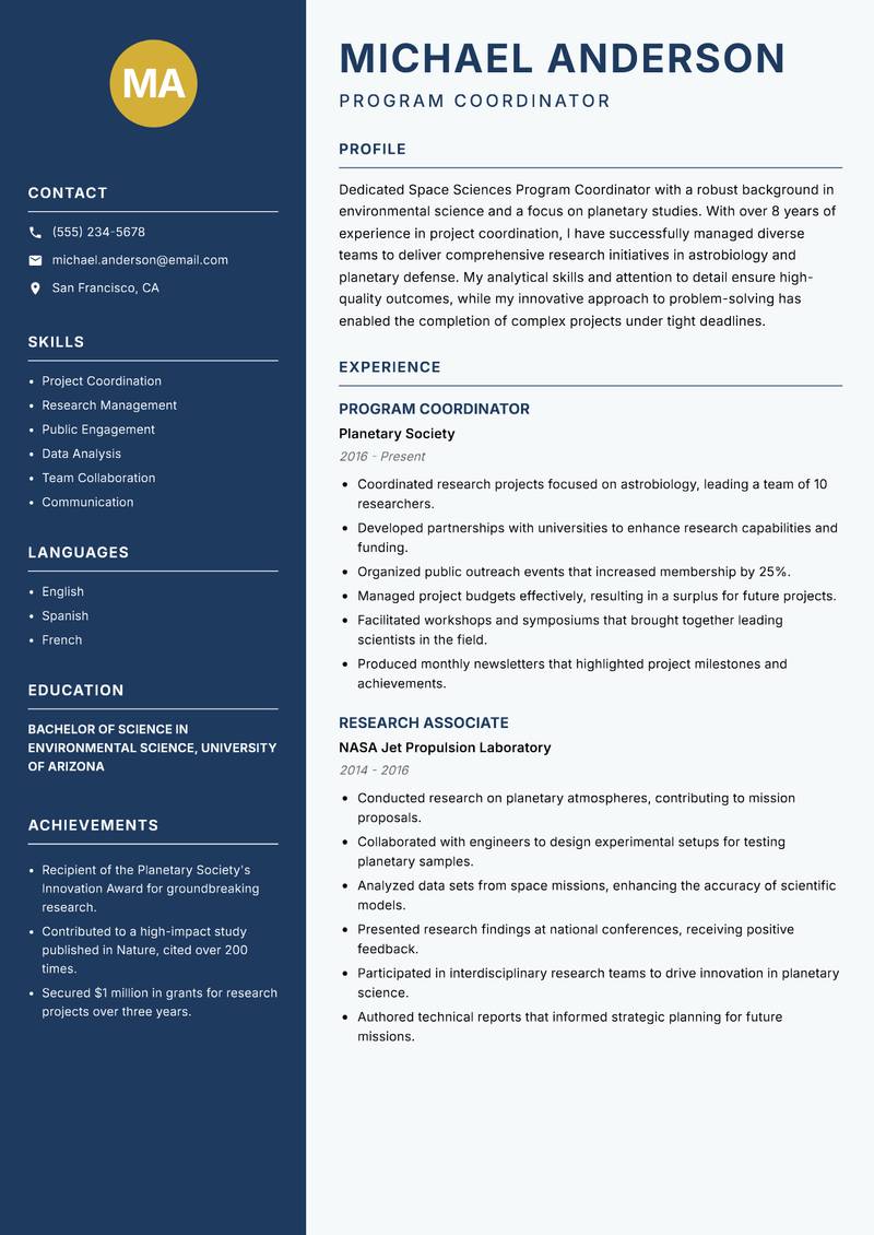 Space Sciences Program Coordinator resume sample — Program Coordinator focus