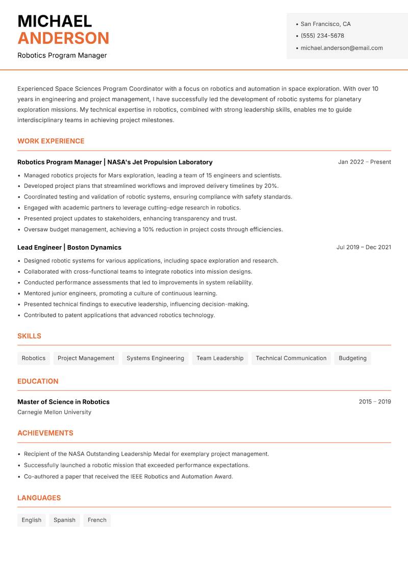 Space Sciences Program Coordinator resume sample — Robotics Program Manager focus