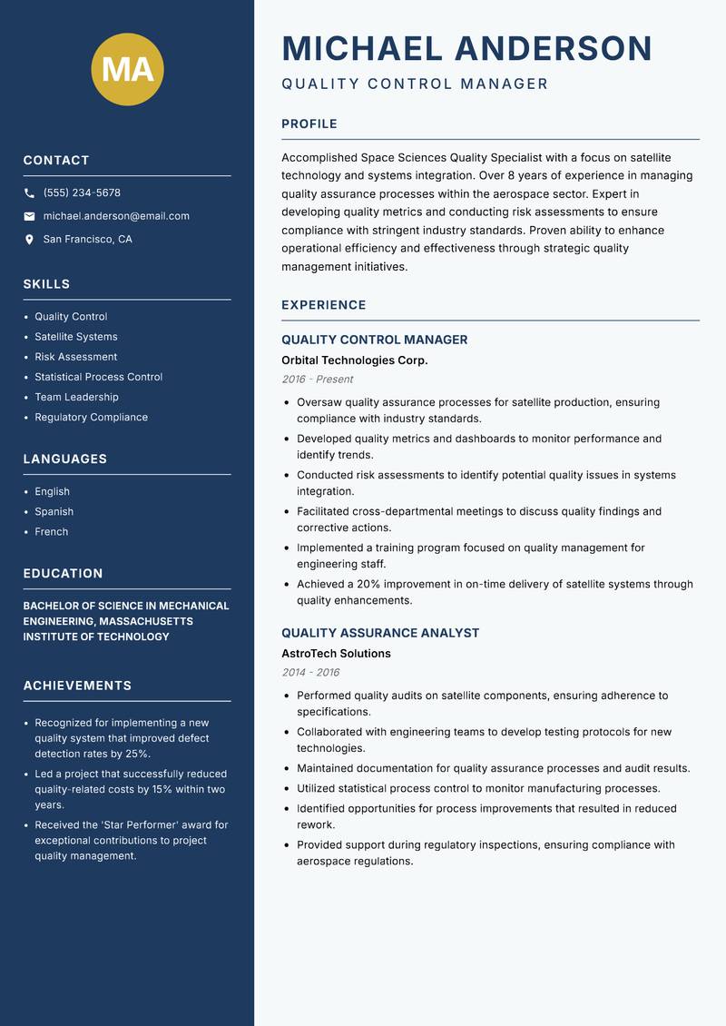 Space Sciences Quality Specialist resume sample — Quality Control Manager focus