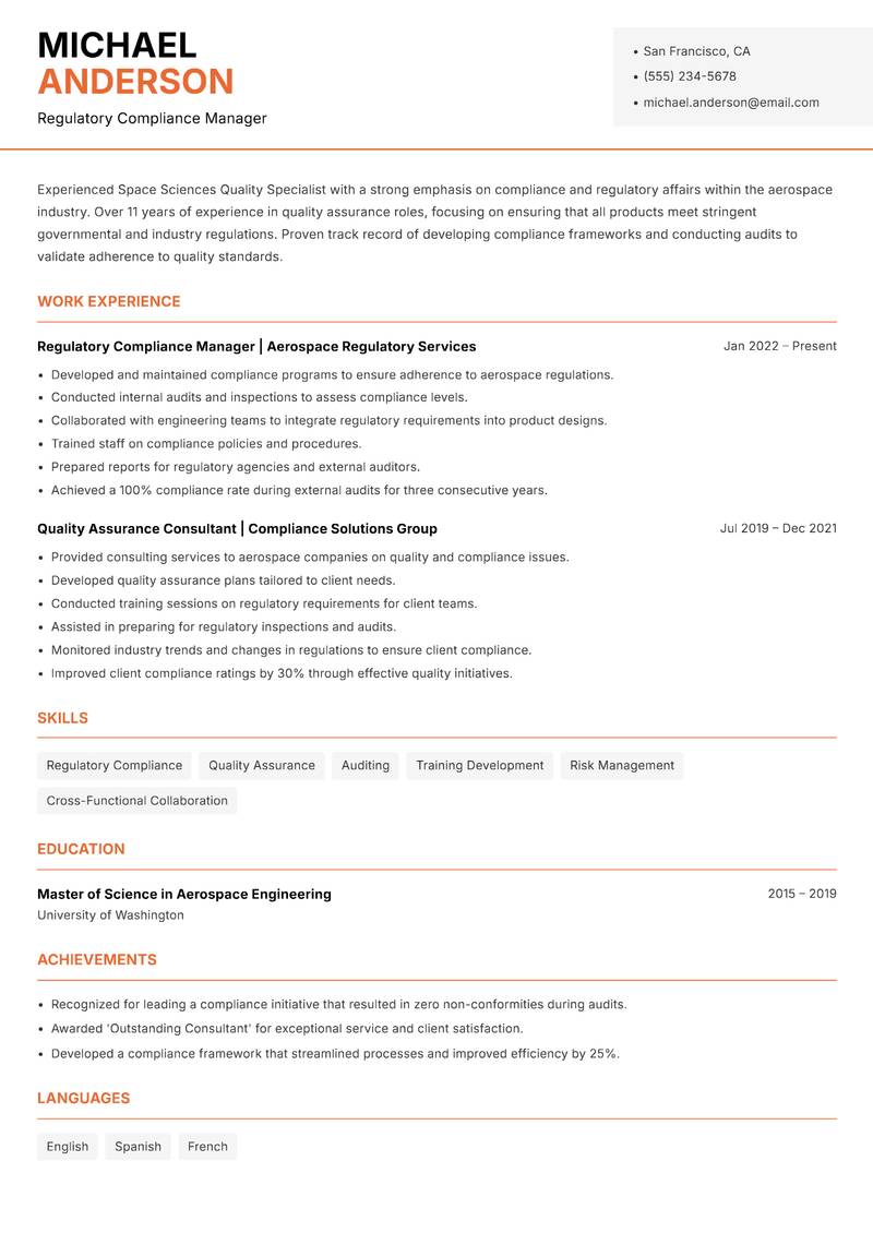 Space Sciences Quality Specialist resume sample — Regulatory Compliance Manager focus