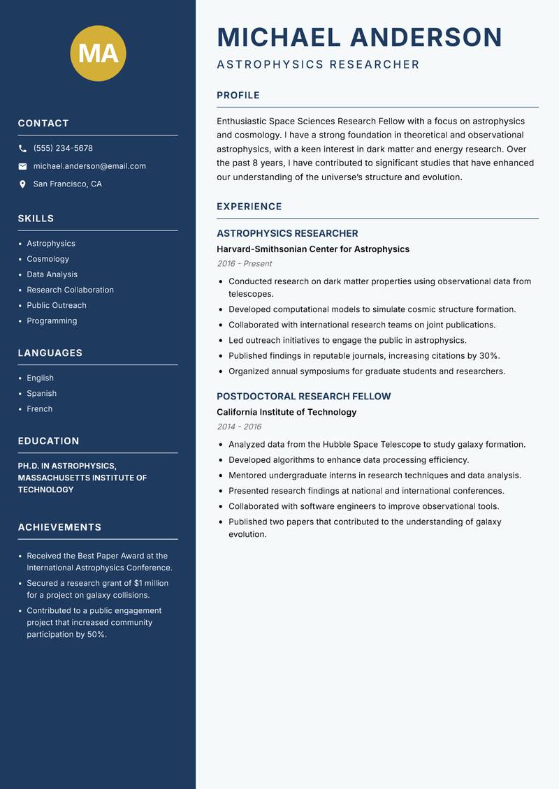 Space Sciences Research Fellow resume sample — Astrophysics Researcher focus