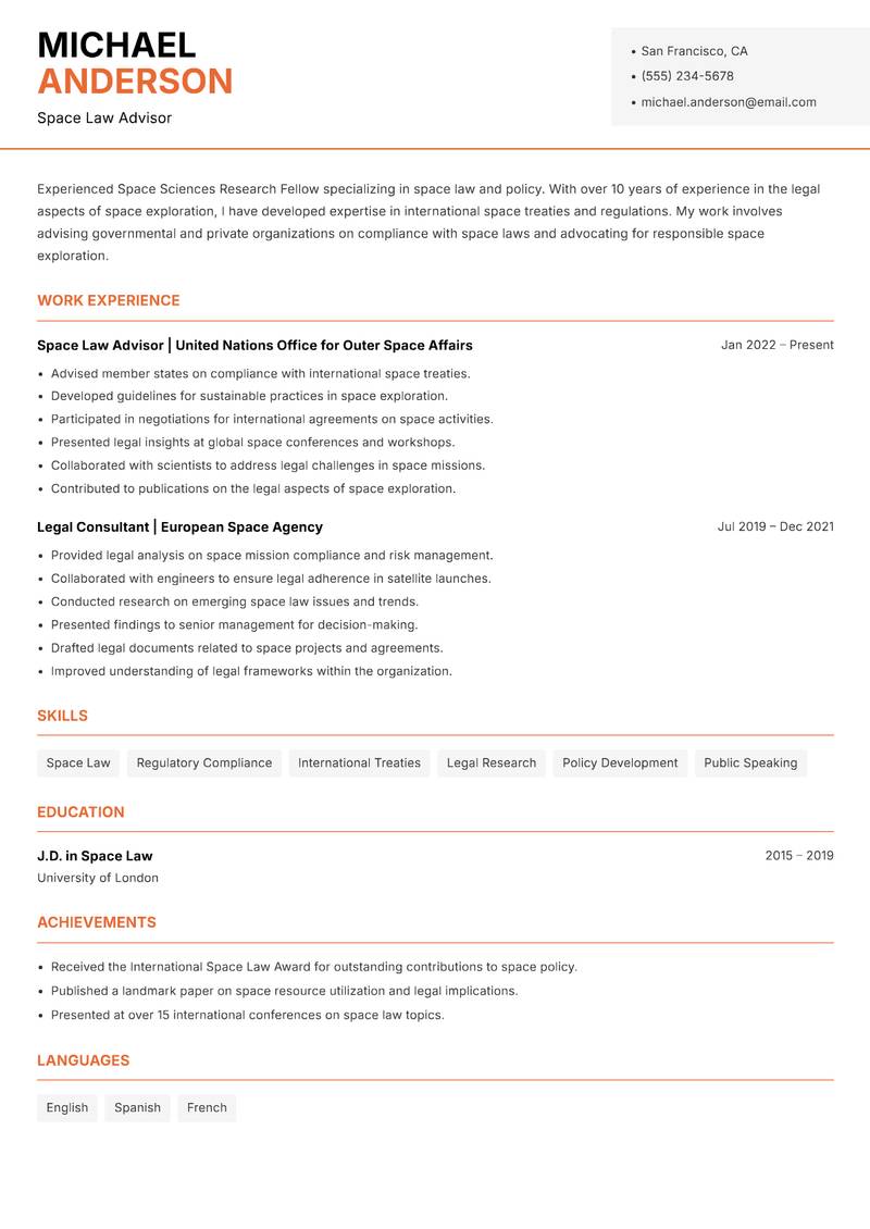Space Sciences Research Fellow resume sample — Space Law Advisor focus