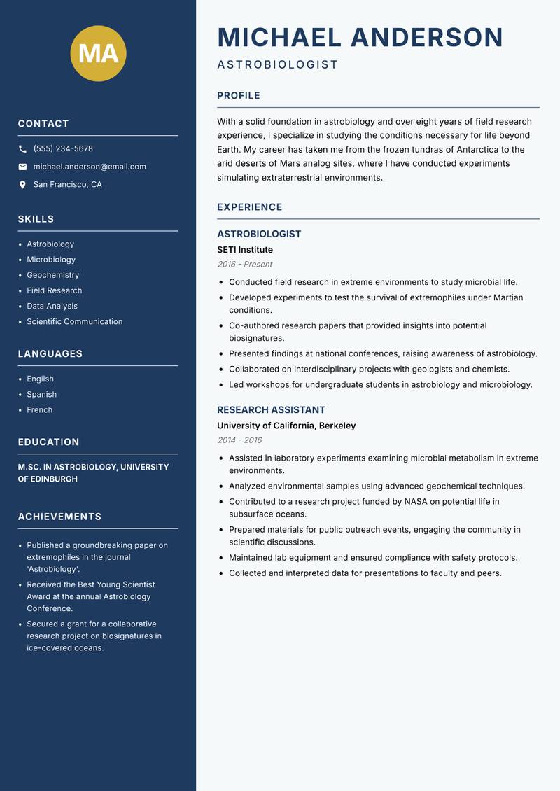 Space Sciences Researcher resume sample — Astrobiologist focus