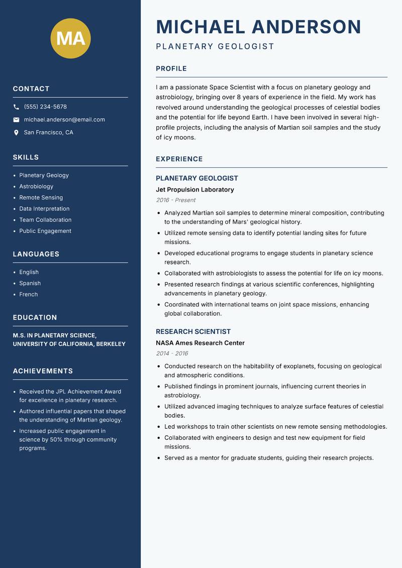Space Scientist resume sample — Planetary Geologist focus
