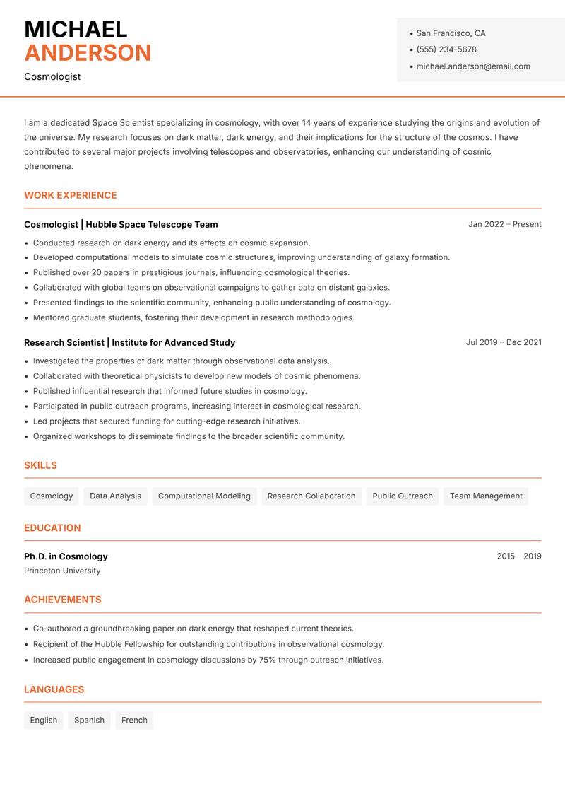 Space Scientist resume sample — Cosmologist focus