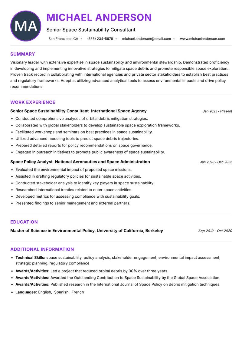 Space Sustainability Officer resume example