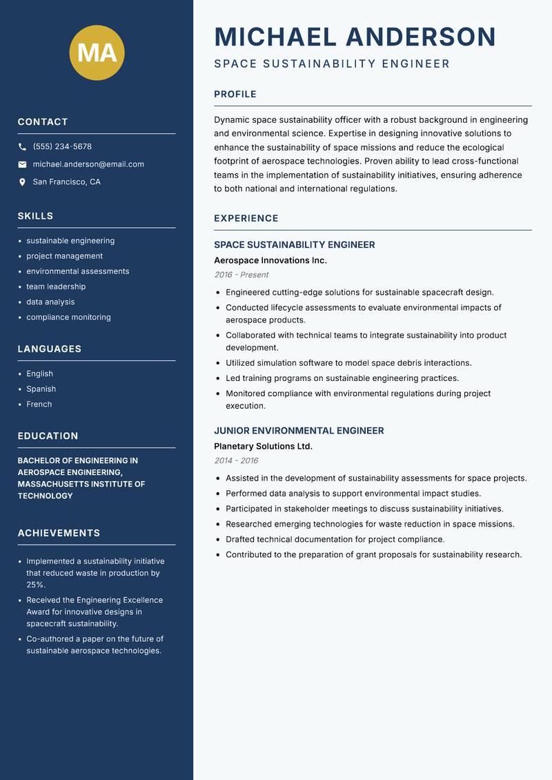 Space Sustainability Officer resume sample — Space Sustainability Engineer focus