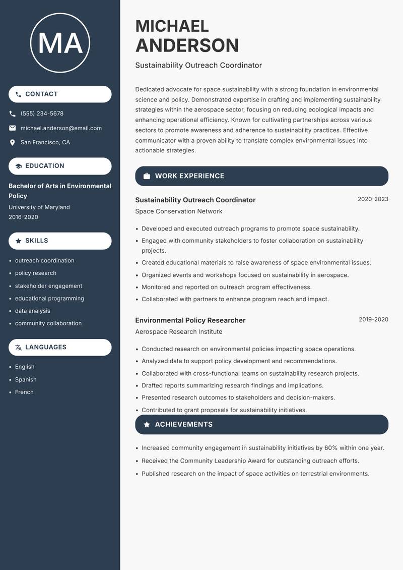 Space Sustainability Officer resume sample — Sustainability Outreach Coordinator focus