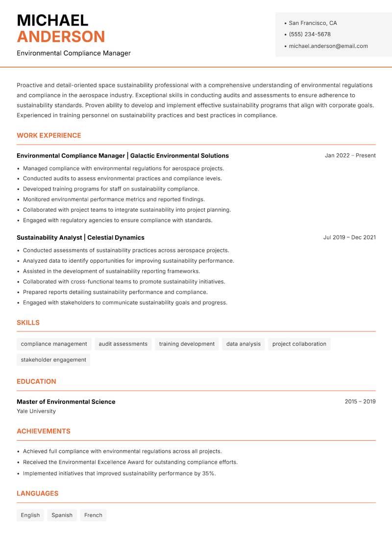 Space Sustainability Officer resume sample — Environmental Compliance Manager focus