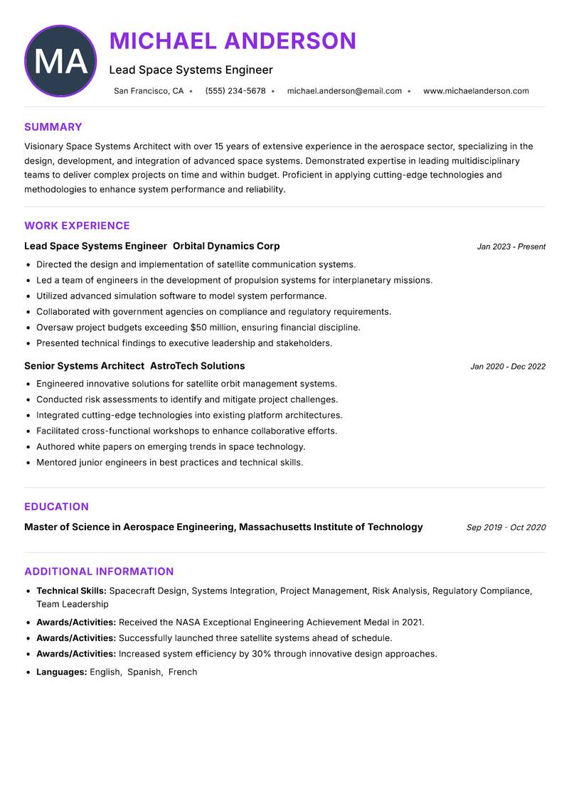 Space Systems Architect resume example