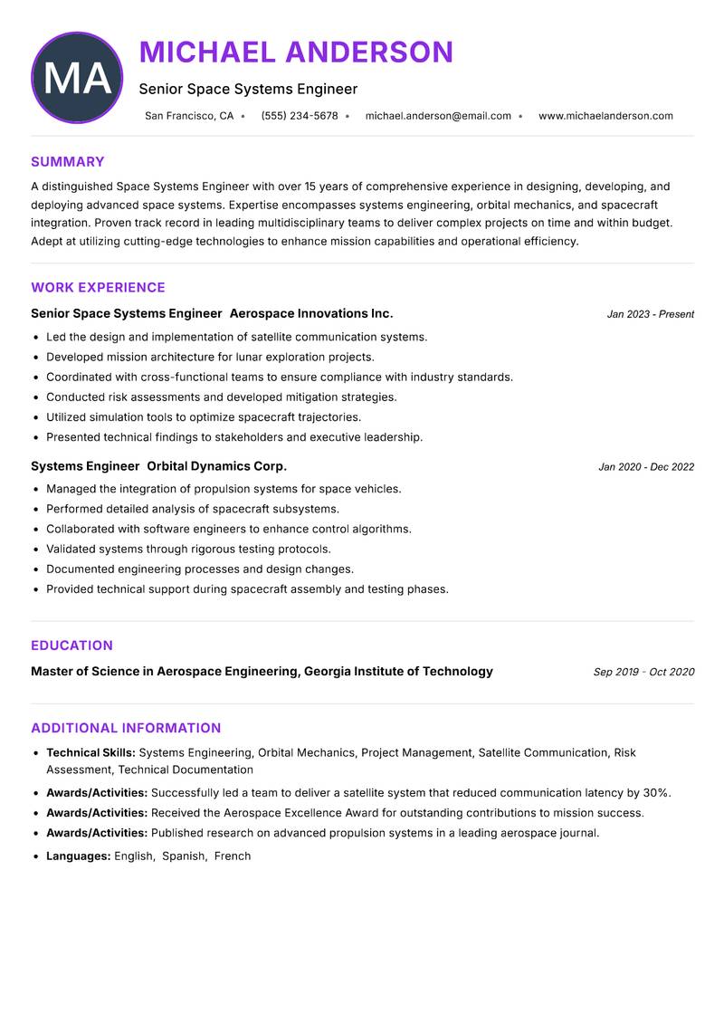 Space Systems Engineer resume example