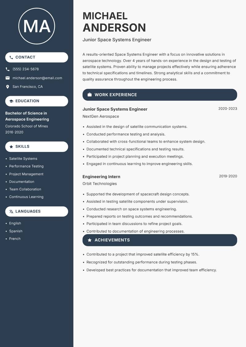 Space Systems Engineer resume sample — Junior Space Systems Engineer focus