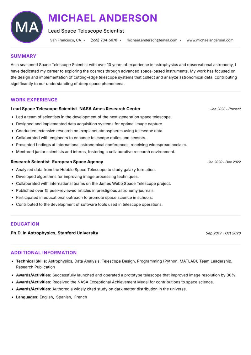 Space Telescope Scientist resume example