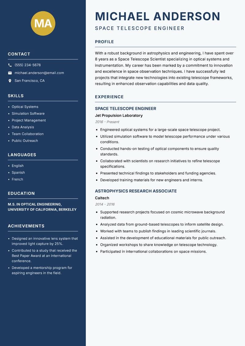 Space Telescope Scientist resume sample — Space Telescope Engineer focus