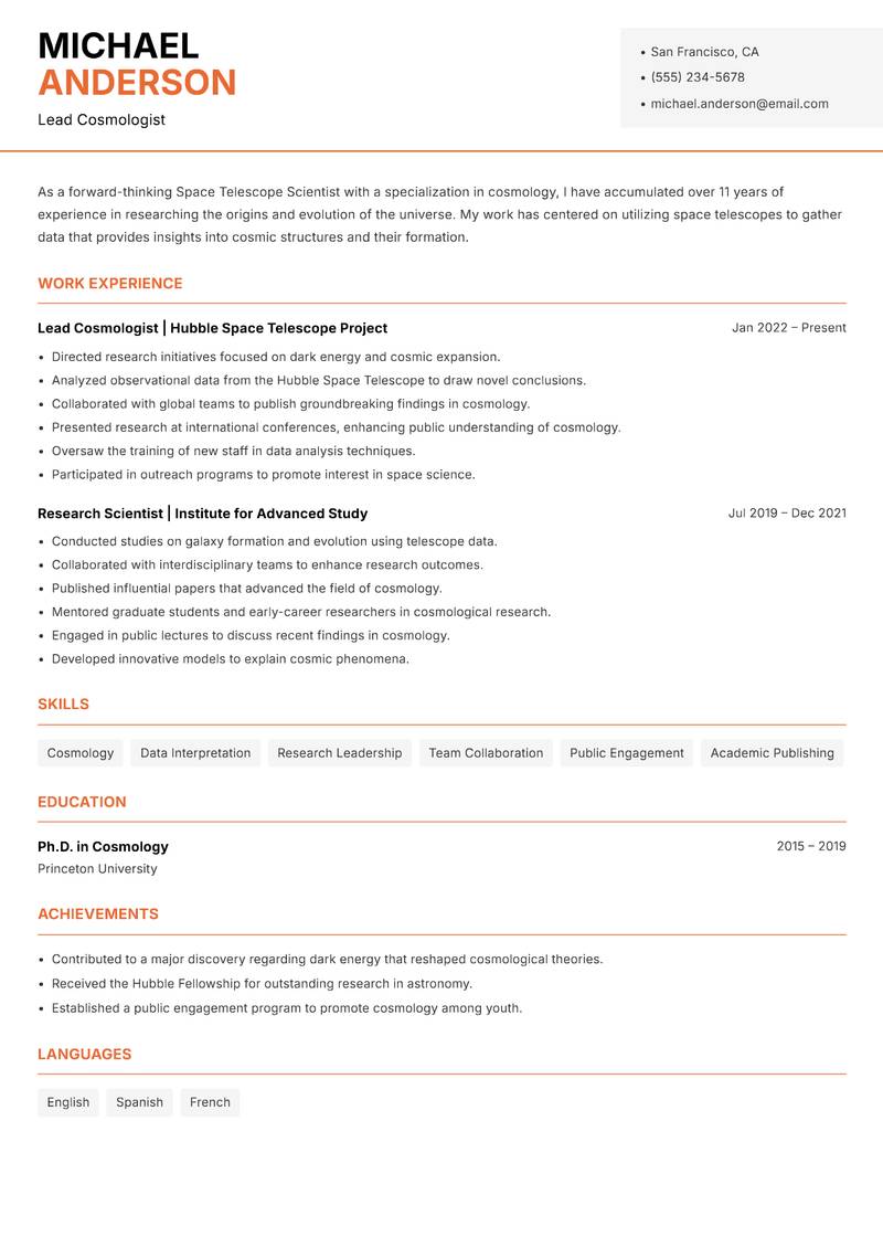 Space Telescope Scientist resume sample — Lead Cosmologist focus