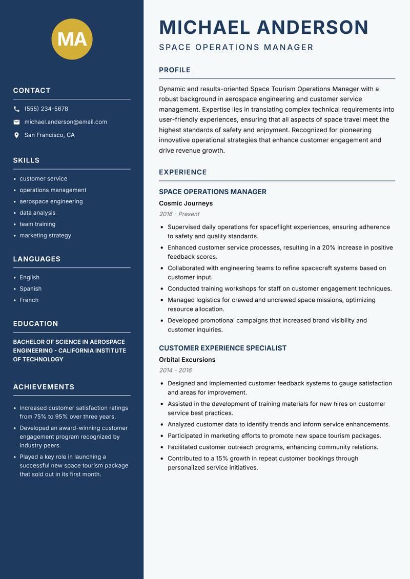 Space Tourism Operations Manager resume sample — Space Operations Manager focus