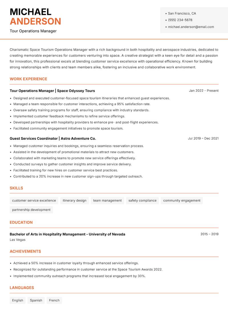 Space Tourism Operations Manager resume sample — Tour Operations Manager focus