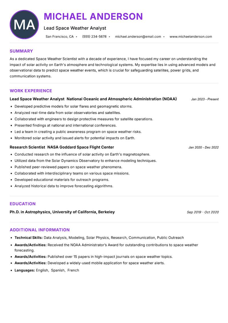 Space Weather Scientist resume example