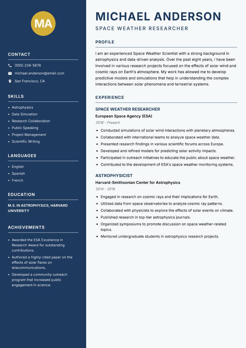 Space Weather Scientist resume sample — Space Weather Researcher focus