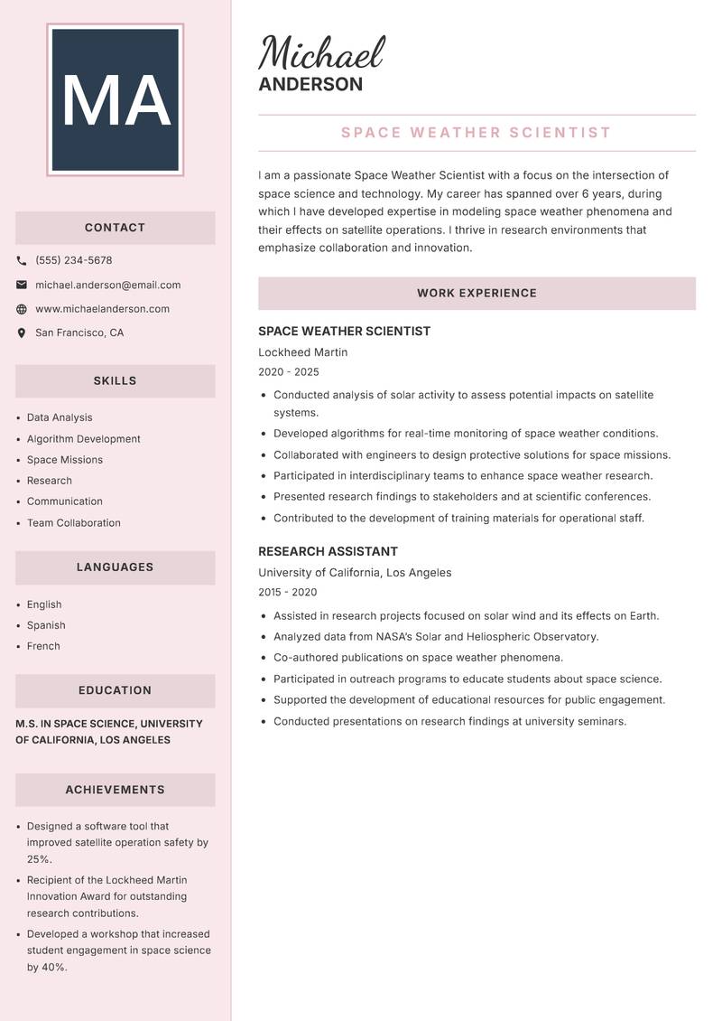 Space Weather Scientist resume sample — Space Weather Scientist focus