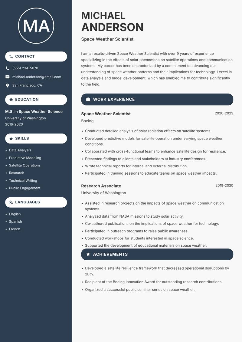 Space Weather Scientist resume sample — Space Weather Scientist focus