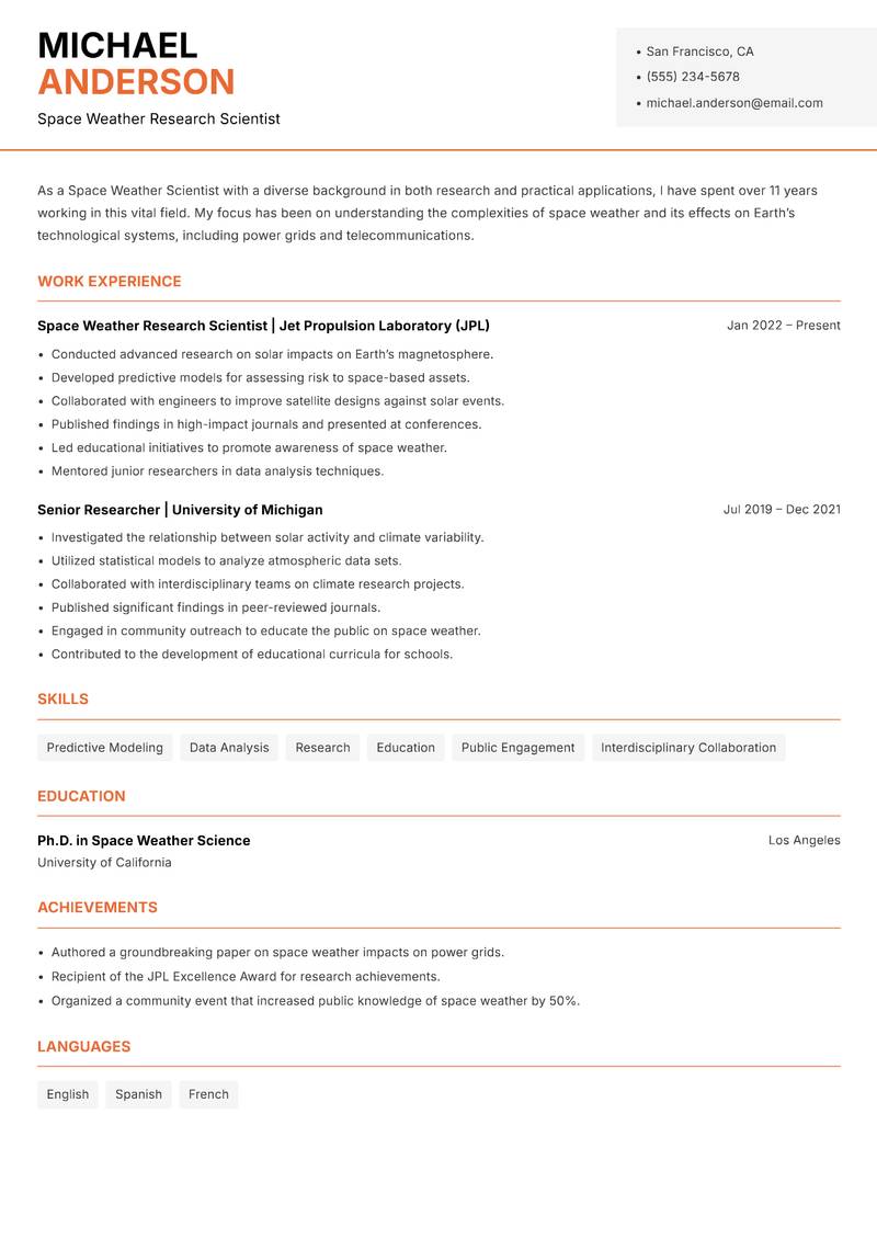 Space Weather Scientist resume sample — Space Weather Research Scientist focus