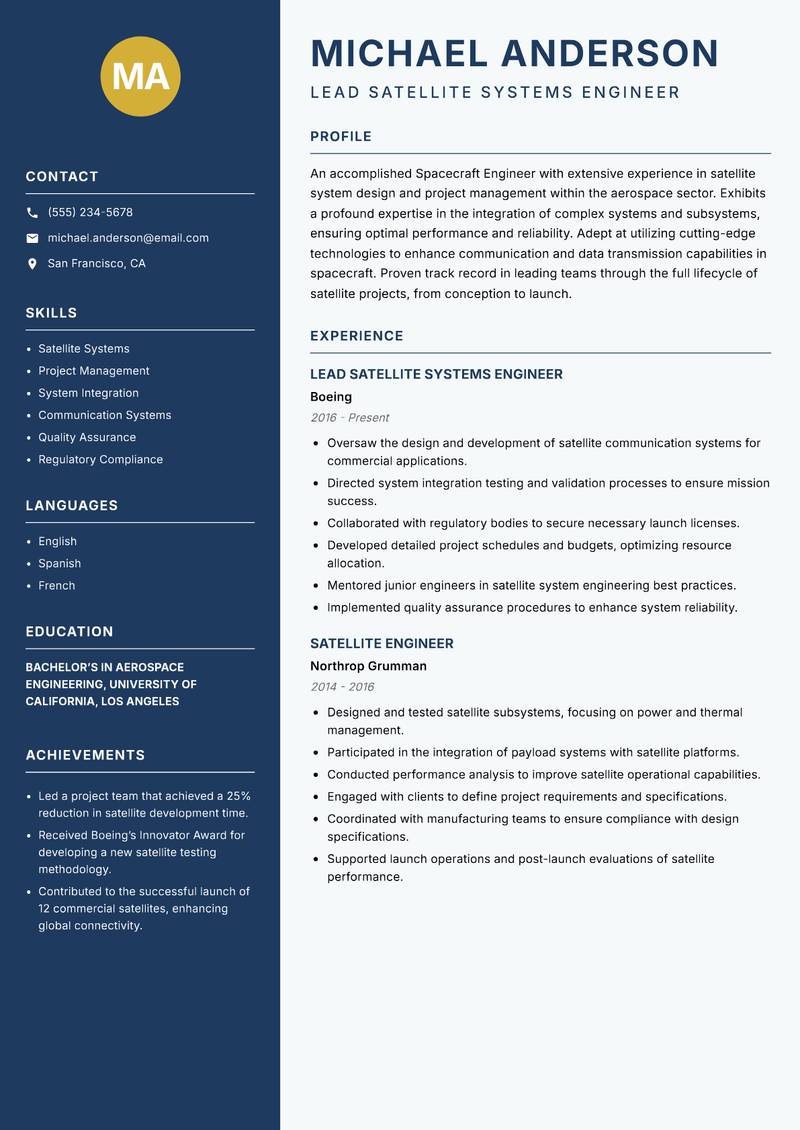 Spacecraft Engineer resume sample — Lead Satellite Systems Engineer focus