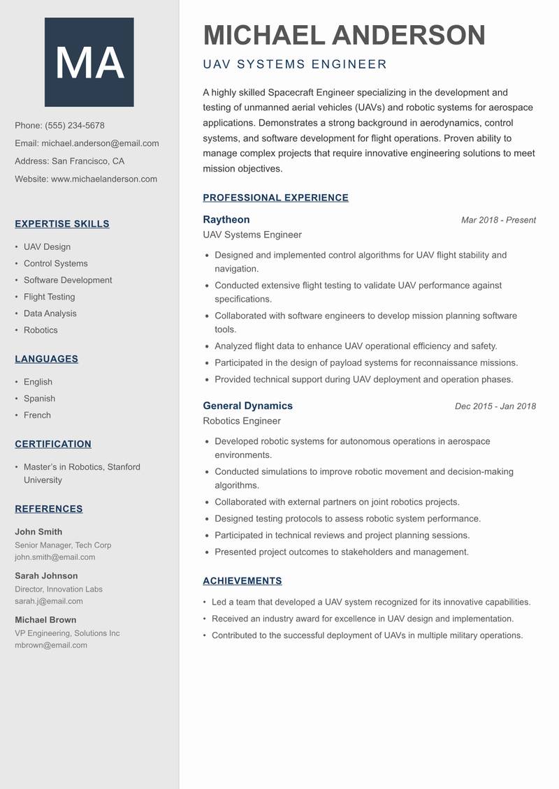 Spacecraft Engineer resume sample — UAV Systems Engineer focus