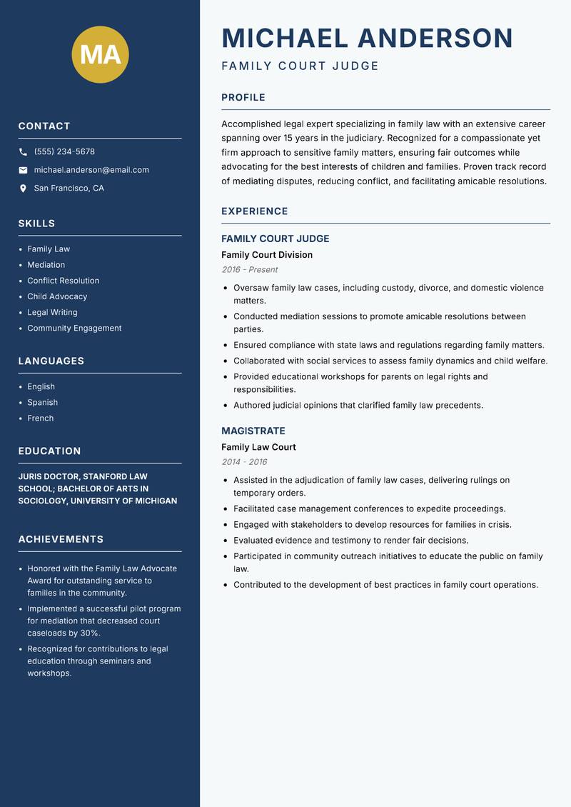 Special Court Judge resume sample — Family Court Judge focus